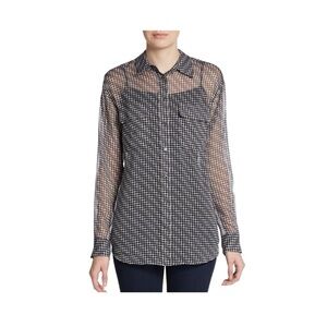 Equipment Femme Signature Silk Black White Houndstooth Sheer Button Down Blouse
